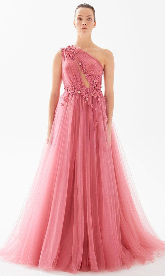 Tarik Ediz 98275 - Floral Appliqued Asymmetric Evening Dress