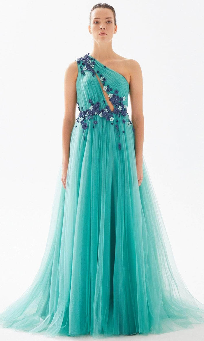 Tarik Ediz 98275 - Floral Appliqued Asymmetric Evening Dress Prom Dresses 00 / English Green