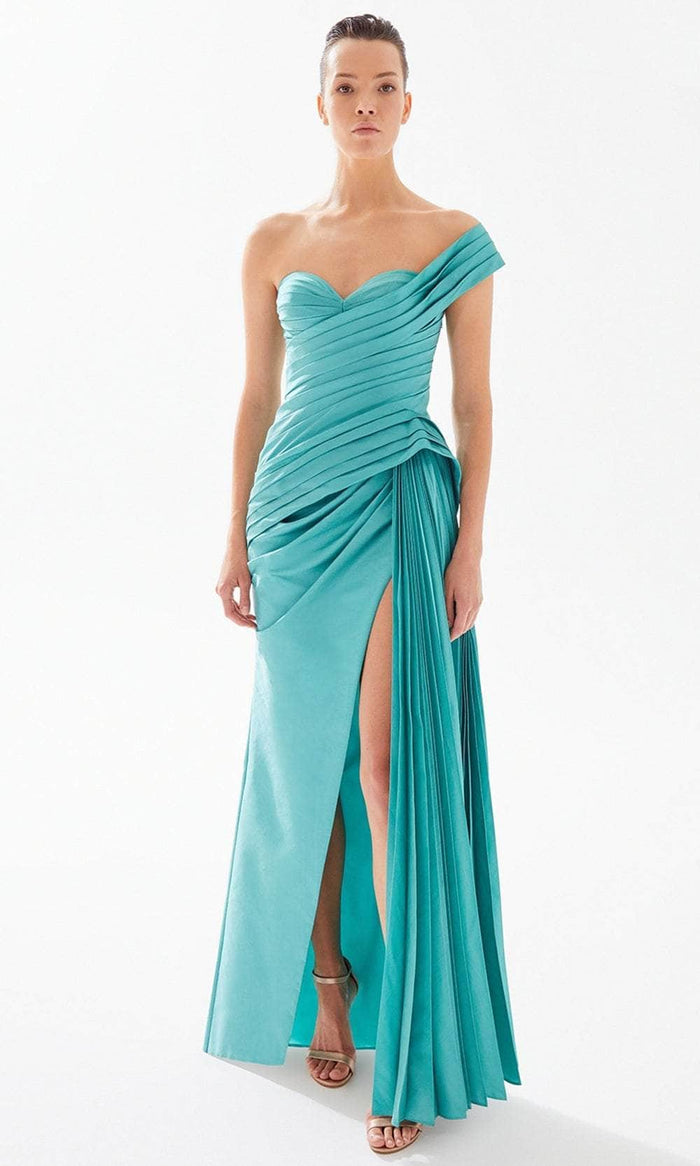Tarik Ediz 98324 - One-Shoulder Fitted Bodice Evening Gown Prom Dresses 6 / Nile Green