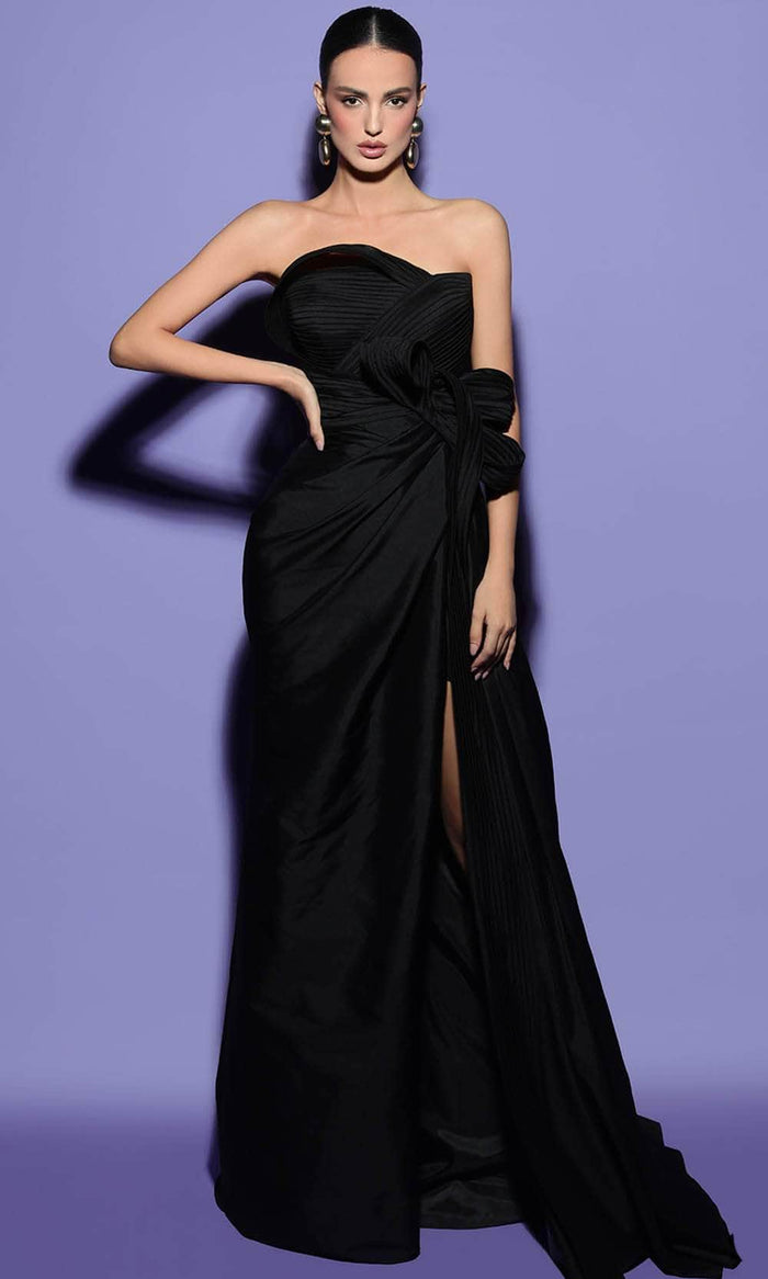 Tarik Ediz 98433 - Strapless Pleated Bodice Evening Gown Evening Dresses 0 / Black