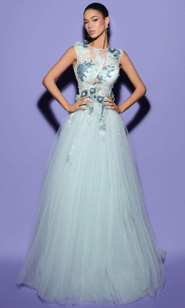 Tarik Ediz 98444 - Floral Applique Illusion A-line Gown Evening Dresses 0 / Ice Blue