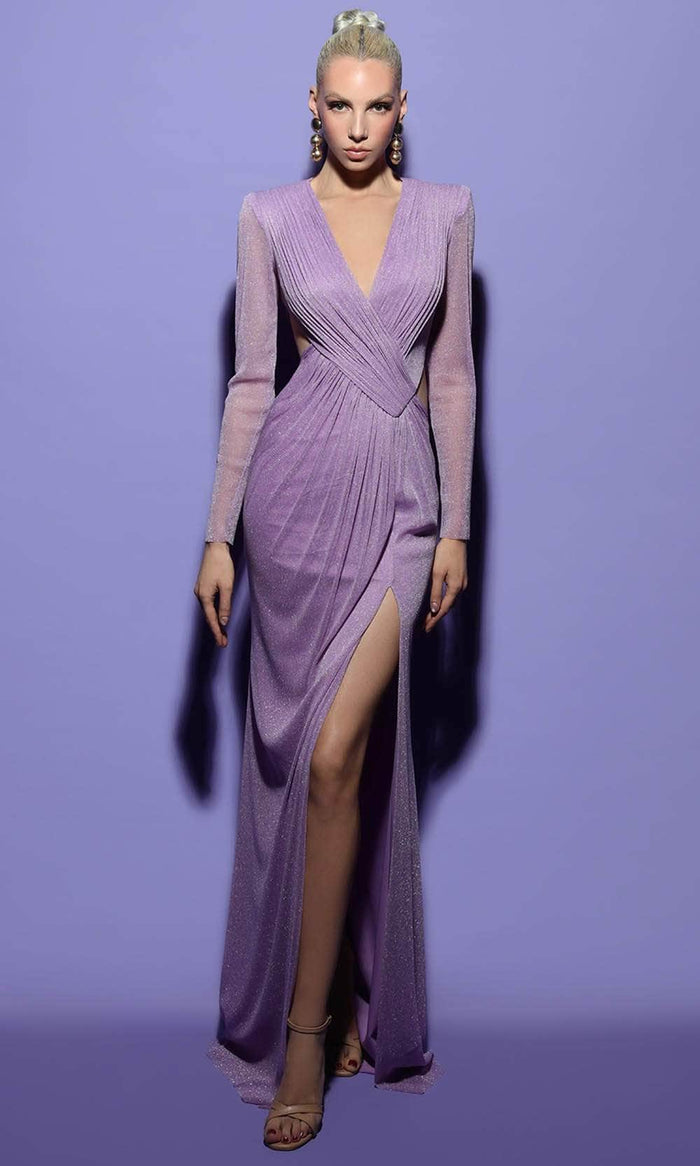 Tarik Ediz 98452 - Full Sleeves Slit Sheath Gown Evening Dresses 0 / Lilac