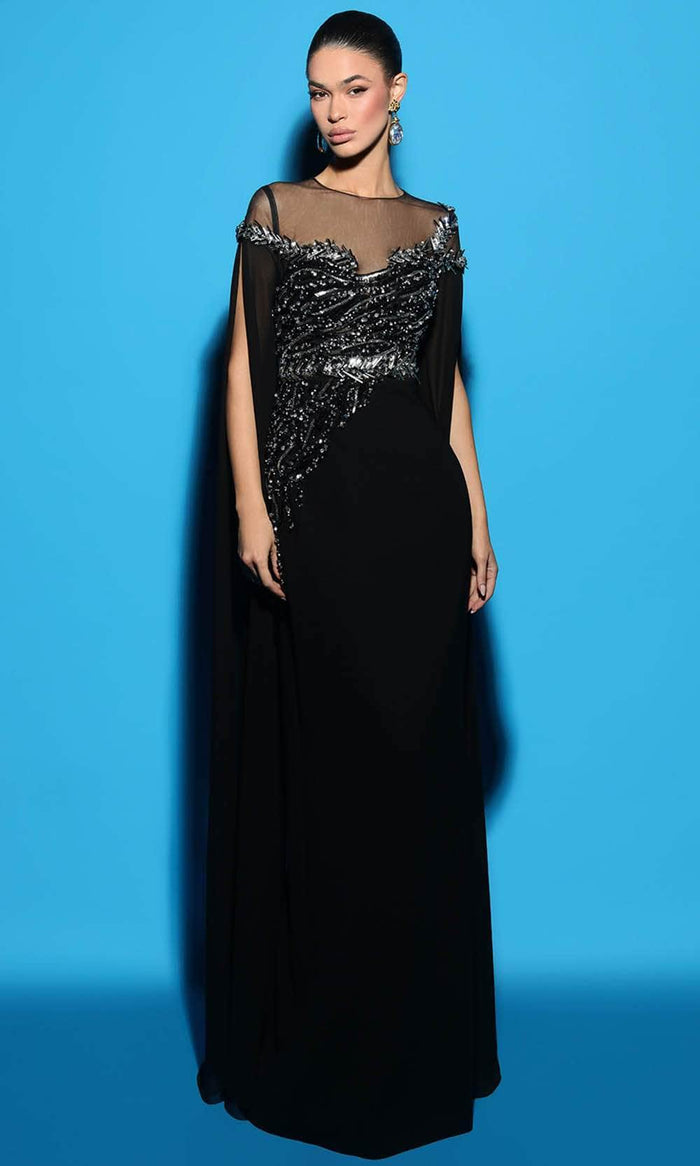 Tarik Ediz 98493 - Beaded Illusion Jewel Evening Gown Special Occasion Dress 0 / Black