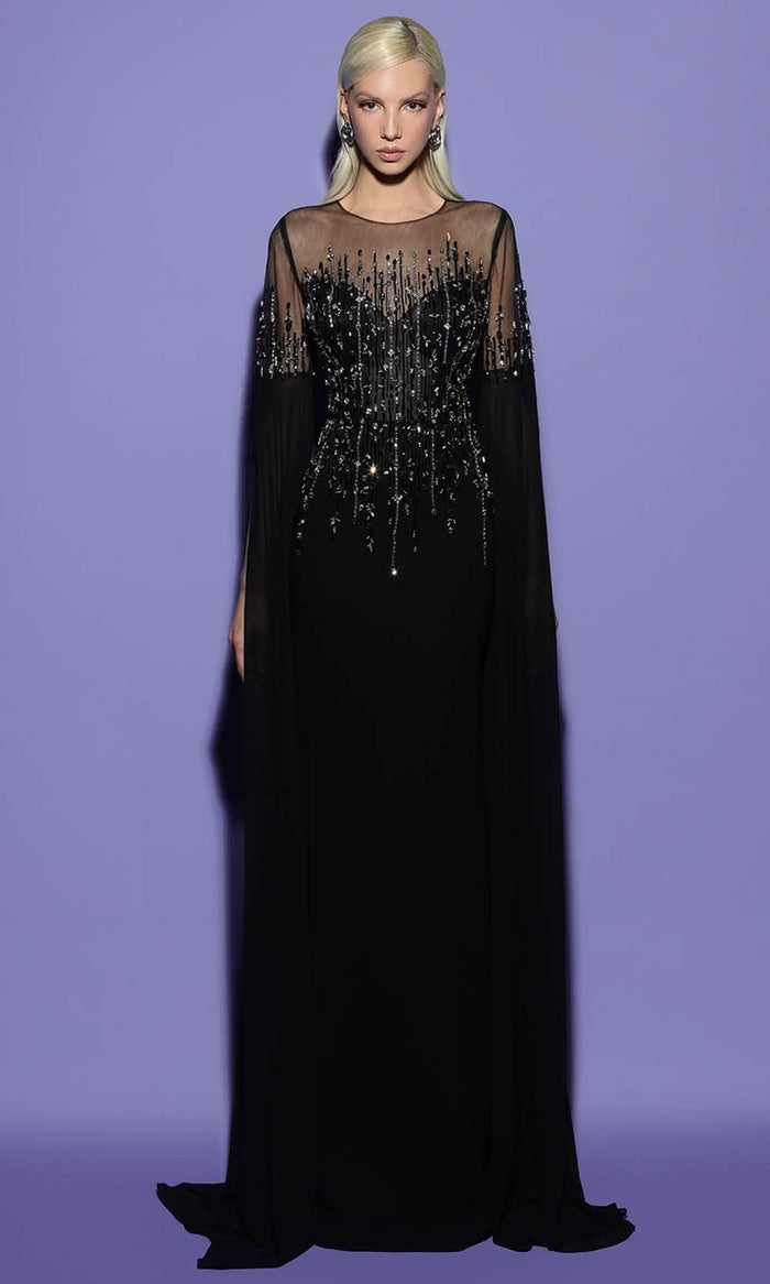 Tarik Ediz 98494 - Illusion Cape Sleeve Evening Gown Special Occasion Dress 0 / Black