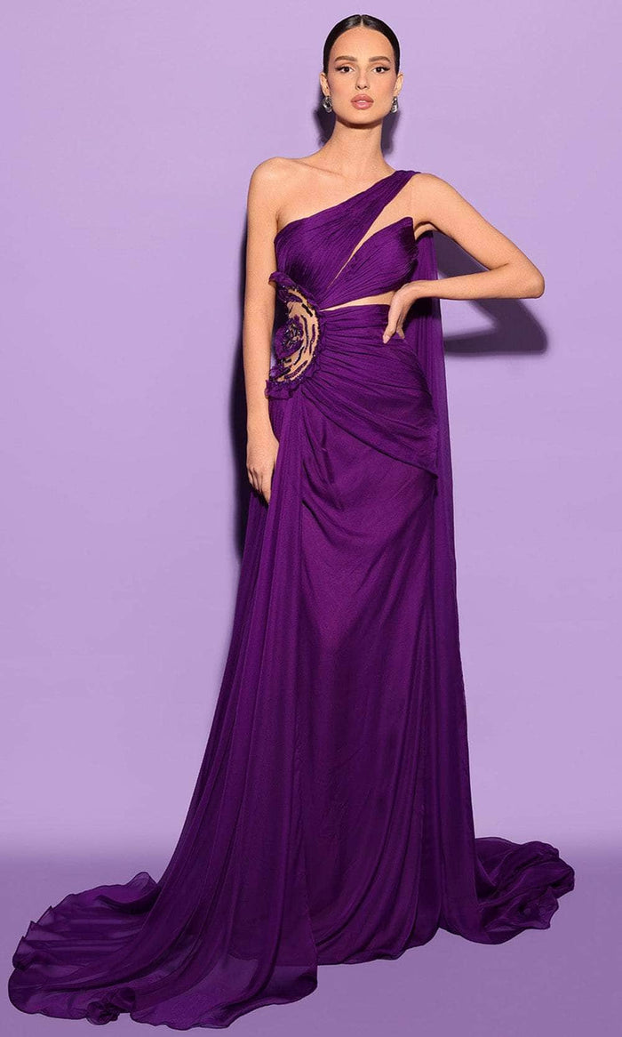 Tarik Ediz 98550 - Pleated Asymmetric Cape Long Dress Prom Dresses 0 / Purple