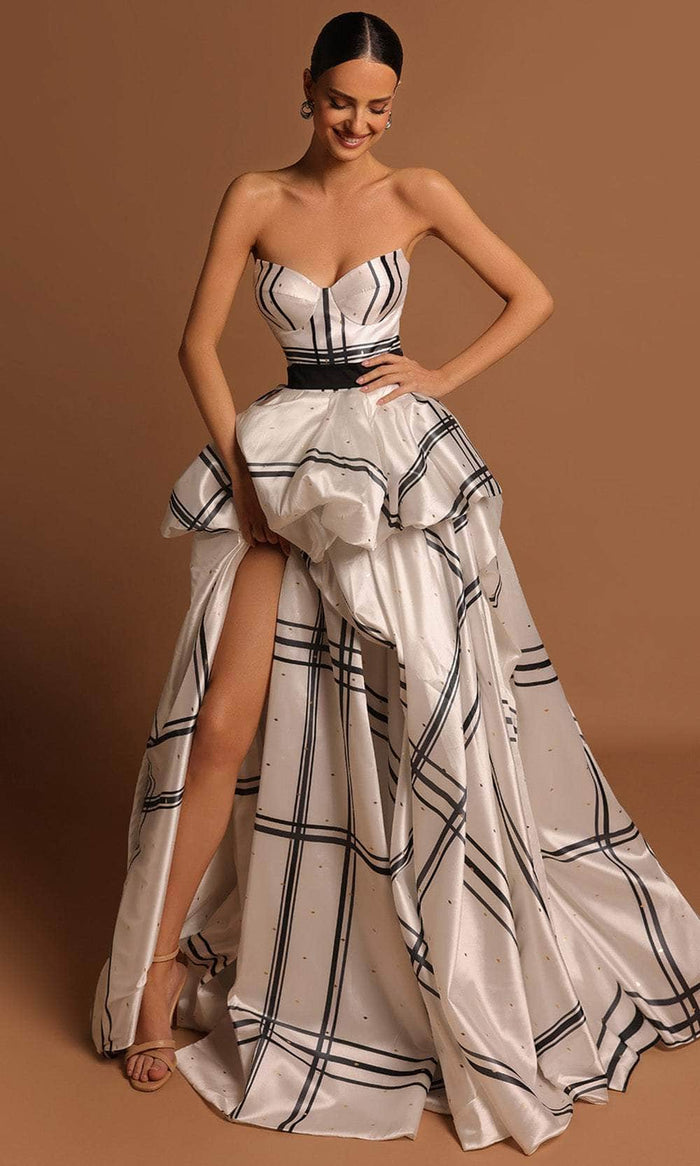 Tarik Ediz 98551 - Print Ribbon Back A-line Dress Prom Dresses 0 / Ivory/Black