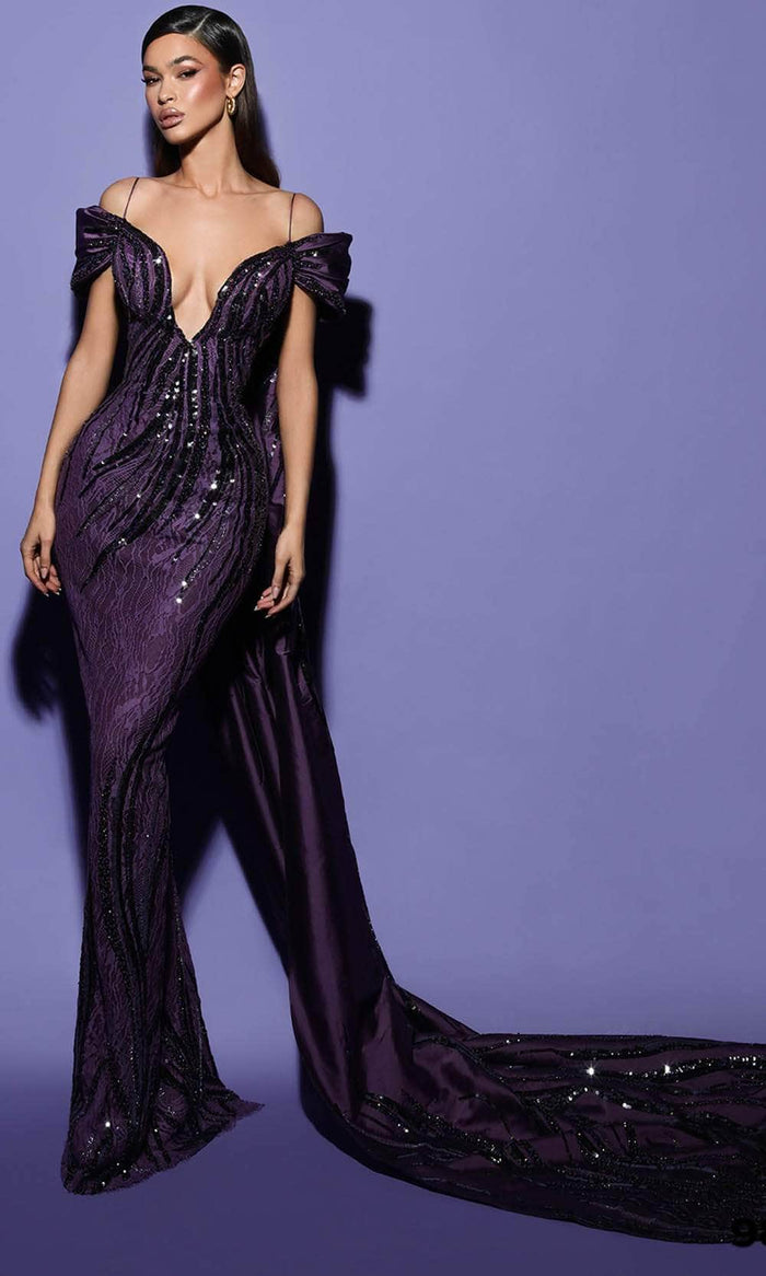 Tarik Ediz 98553 - Sequin Off-Shoulder Prom Gown Prom Dresses 0 / Lavender