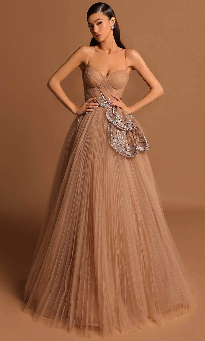 Tarik Ediz 98558 - Sleeveless Pleated A-Line Evening Gown Evening Dresses 0 / Champagne