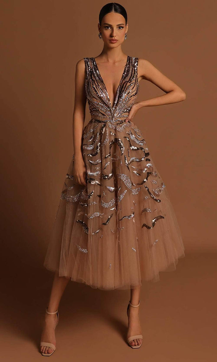 Tarik Ediz 98559 - V-Neck Sequin Embellished Dress Cocktail Dresses 0 / Champagne