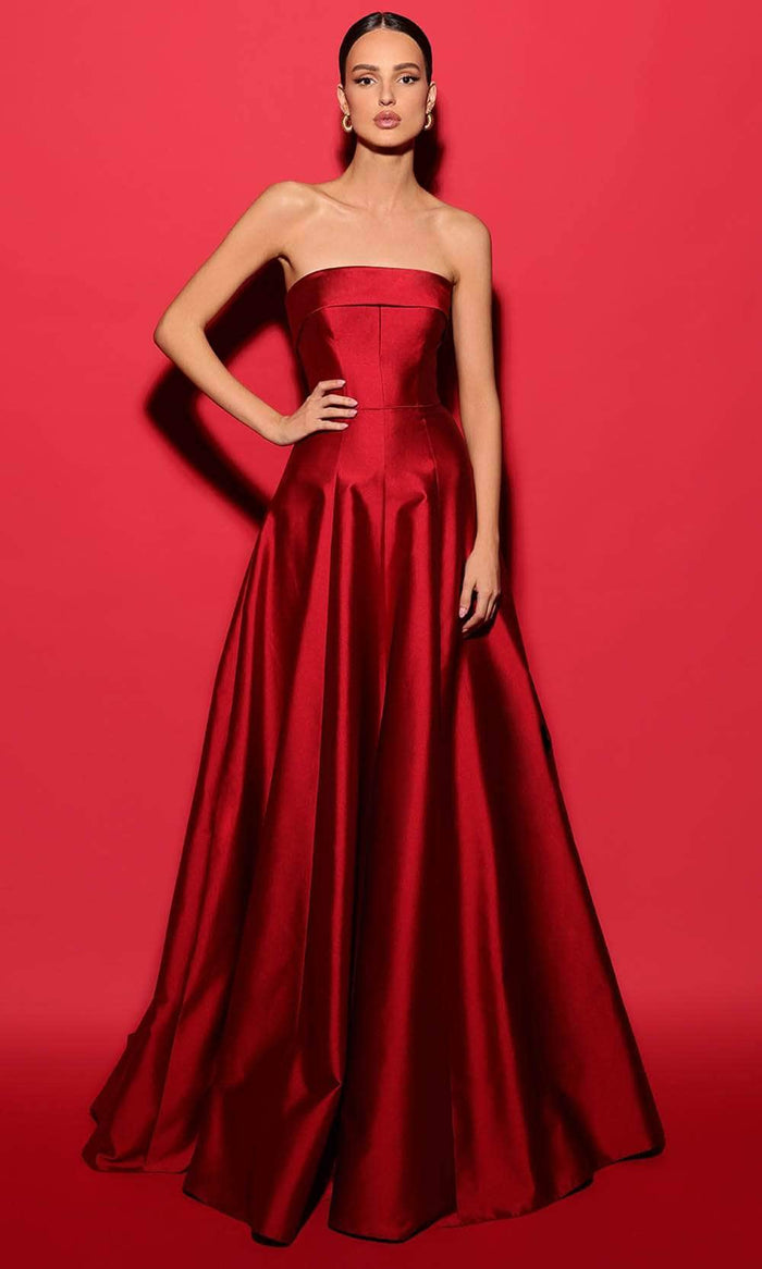 Tarik Ediz 98572 - Straight-Across Seamed Evening Gown Special Occasion Dress 0 / Red