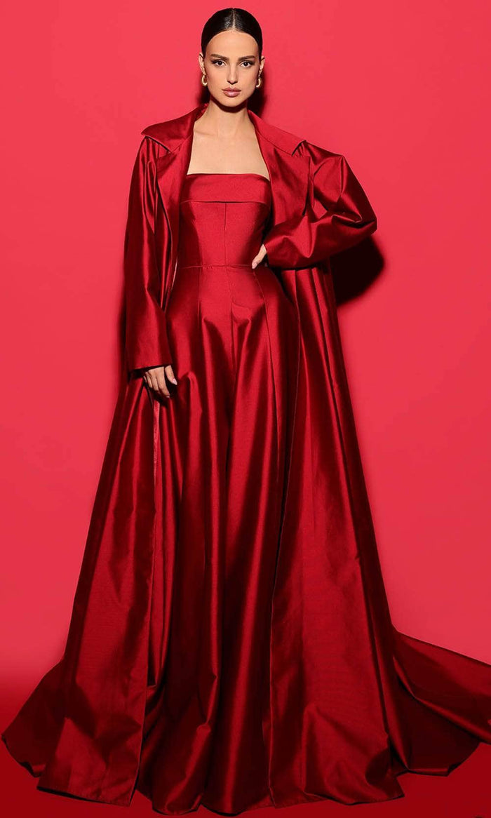 Tarik Ediz 98574 - Straight-Across Evening Gown with Long Jacket Evening Dresses 0 / Red