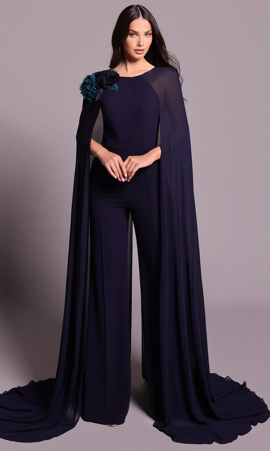 Tarik Ediz 99032 - Cape Sleeve Floral Accent Jumpsuit