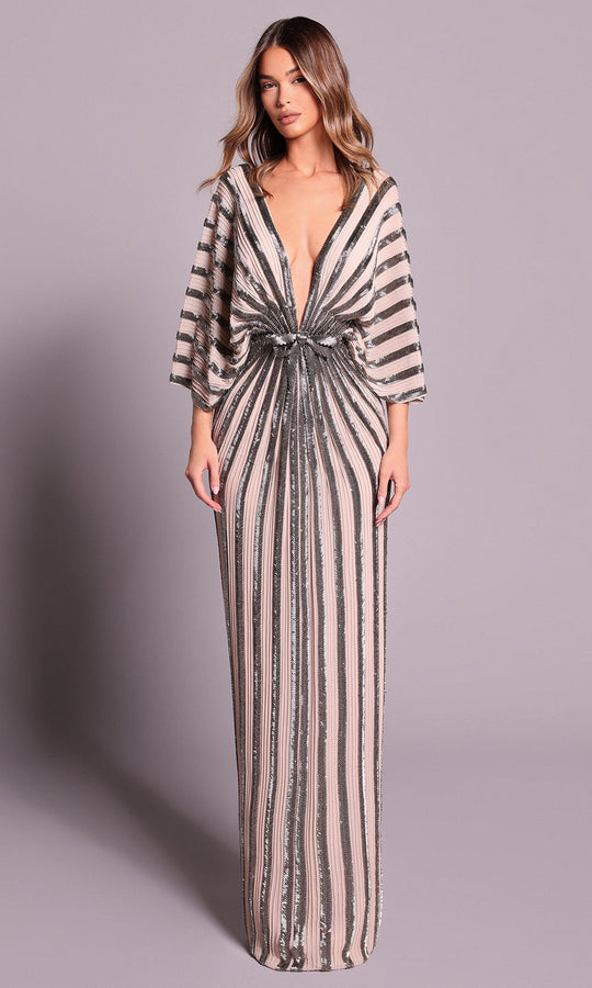 Tarik Ediz 99043 - Striped Beaded Kimono Sleeve Dress