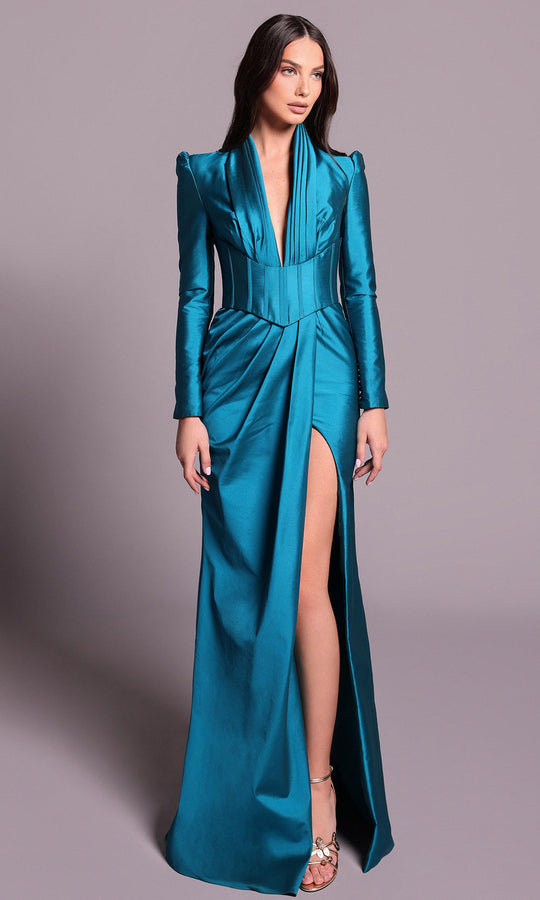 Tarik Ediz 99057 - Long Sleeve High Slit Taffeta Dress