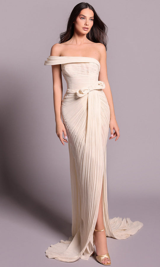 Tarik Ediz 99095 - Off Shoulder Crushed Chiffon Long Dress