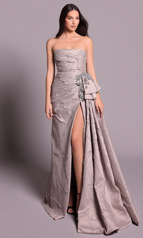 Tarik Ediz 99105 - Textured Strapless High Slit Dress