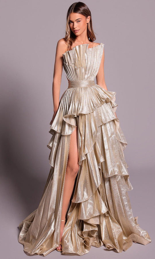 Tarik Ediz 99148 - Pleated Silky Foil Asymmetric Dress