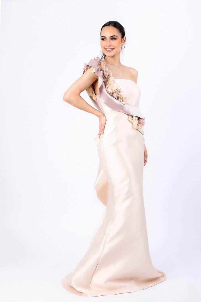 Terani Couture - 2011E2424 One Shoulder Floral Ruffle Trimmed Gown Evening Dresses 0 / Champagne