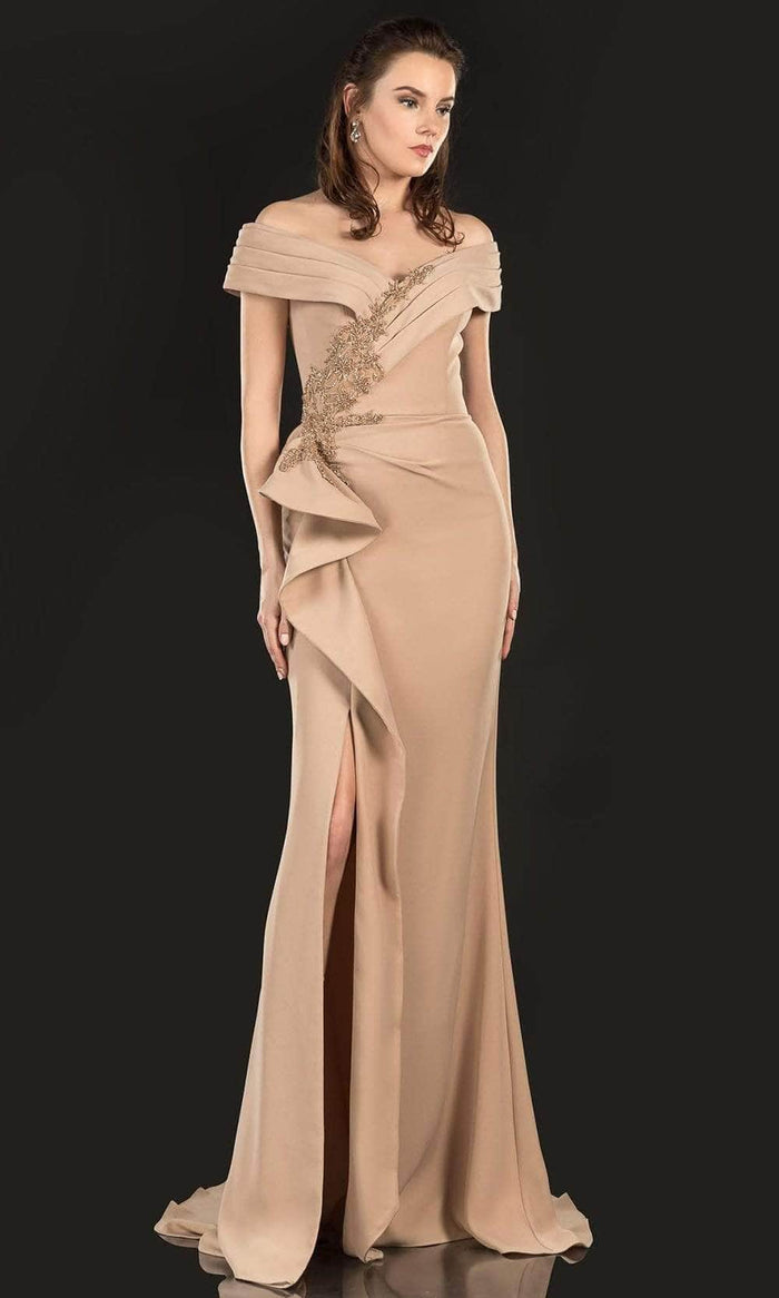 Terani Couture 2021M2986 - Pleated Off Shoulder Formal Gown Mother of the Bride Dresses 12 / Mocha
