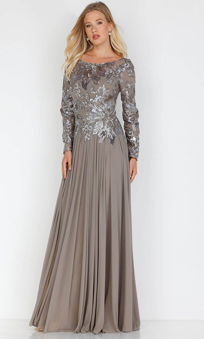Terani Couture 231M0355 - Bateau Sequined Mesh Formal Gown Mother of the Bride Dresses 12 / Taupe