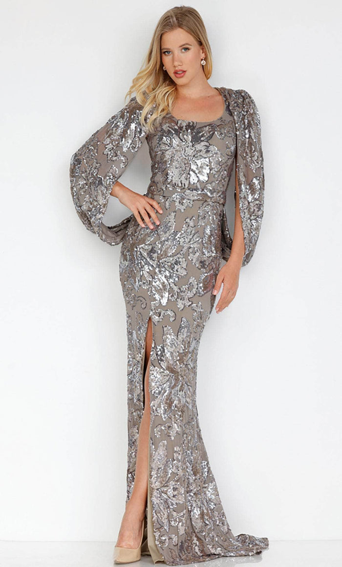 Terani Couture 231M0356 - Sequined Cape Sleeve Evening Gown Pageant Dresses 10 / Taupe Silver