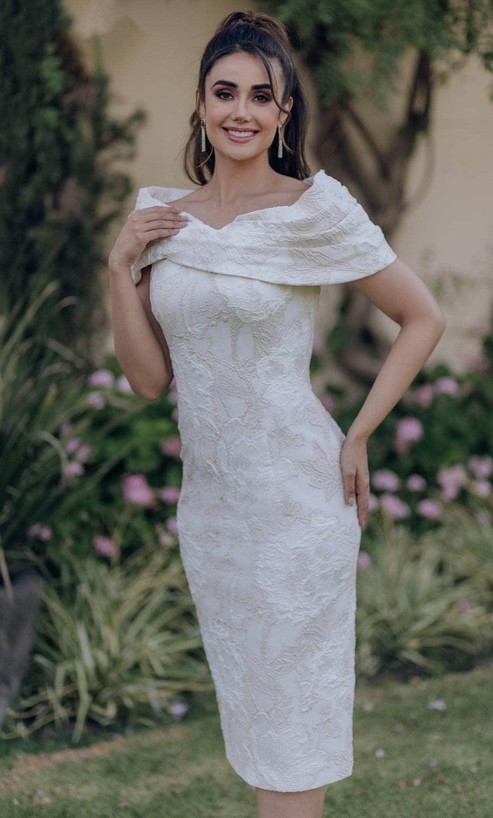 Terani Couture 232C1136 - Off-Shoulder Folded Neckline Tea length Dress Special Occasion Dress 00 / Blush