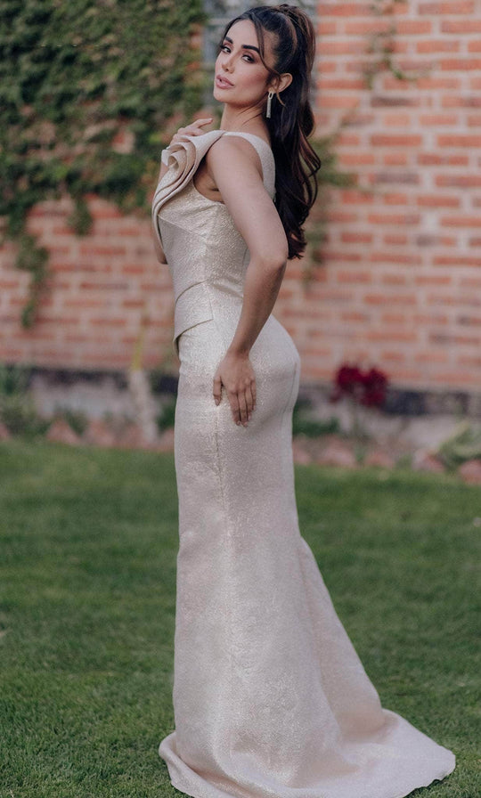 Terani Couture 232E1208 - Asymmetric Metallic Jacquard Evening Gown