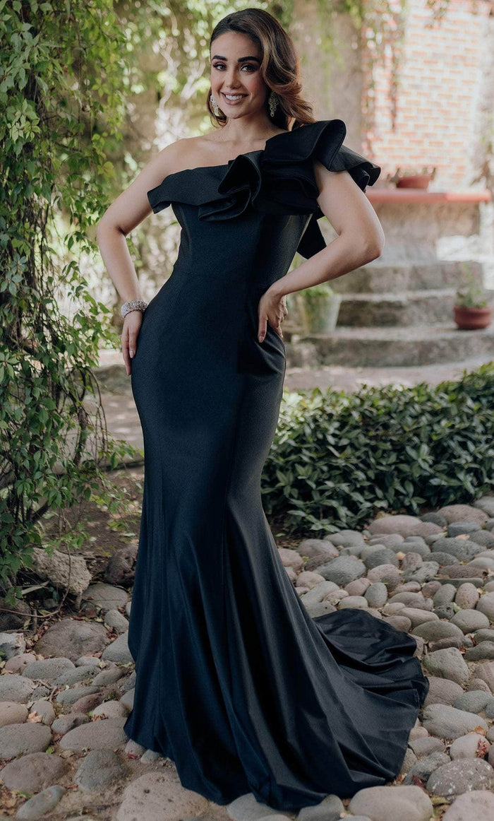 Terani Couture 232E1289 - Ruffled Trim Asymmetric Evening Gown Special Occasion Dress 00 / Black