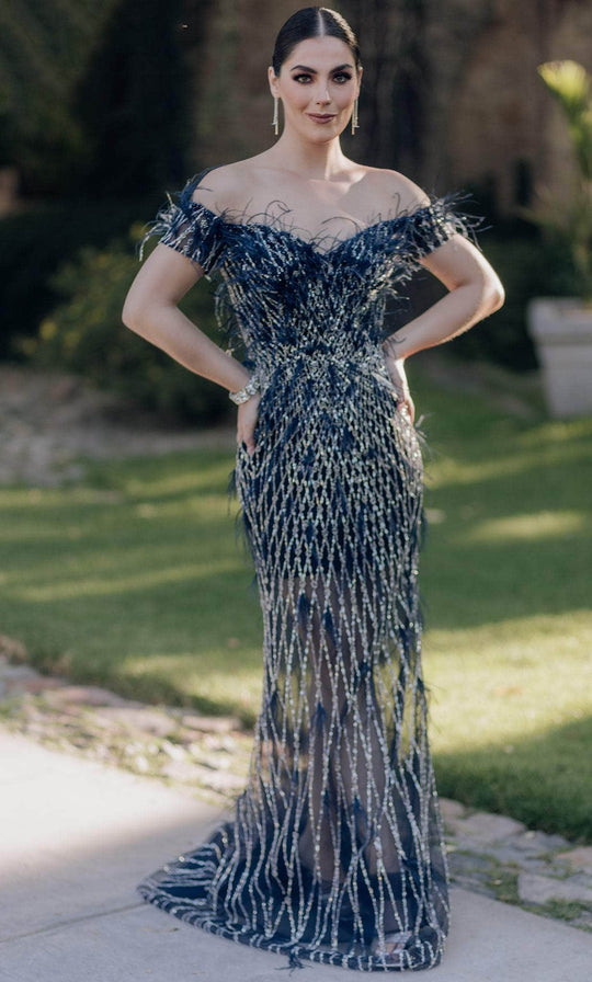 Terani Couture 232GL1439 - Off-Shoulder Feathered Sheer Prom Dress