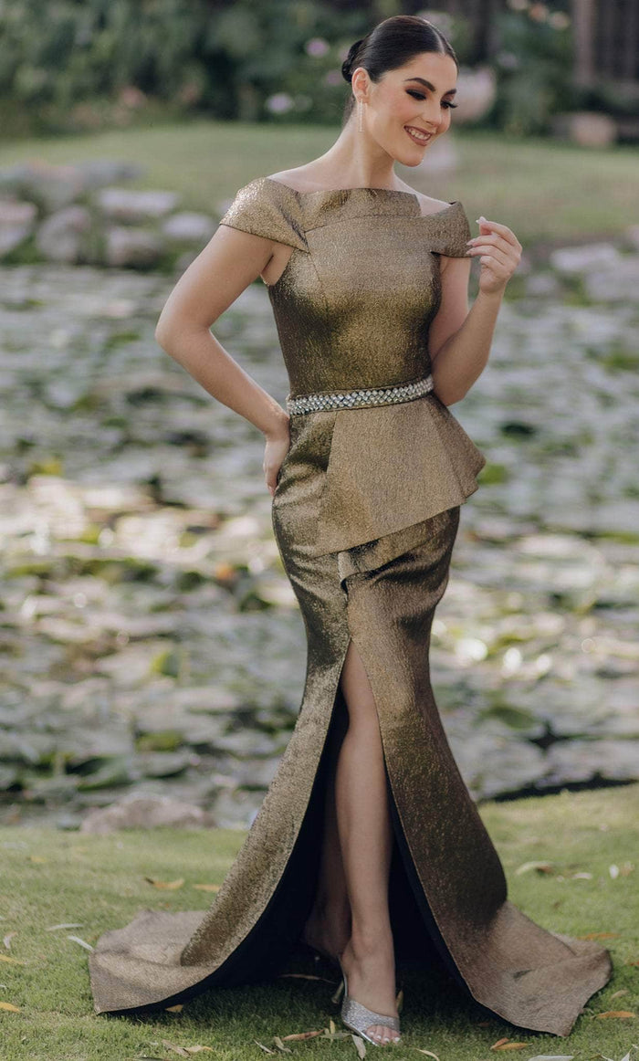 Terani Couture 232M1555 - Off-Shoulder Rhinestone Beaded Belt Evening Dress Special Occasion Dress 00 / Bronze