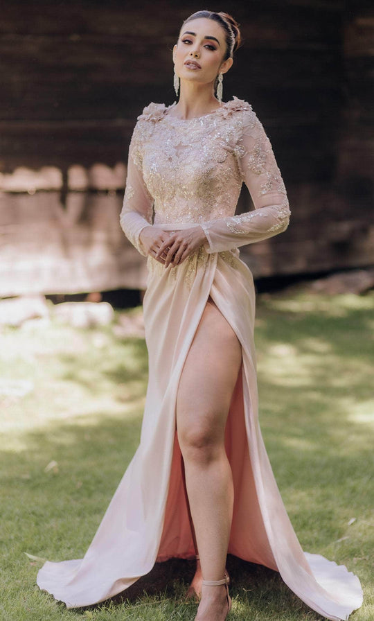 Terani Couture 232M1557 - Long Sleeve High Slit Evening Gown