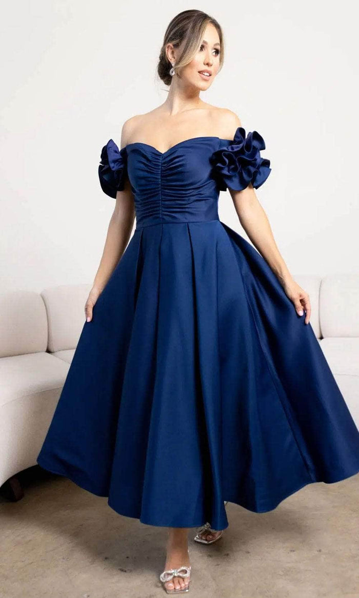 Terani Couture 241C2334 - Off-Shoulder Ruffled Detail Tea-Length Dress Formal Dresses 00 / Navy