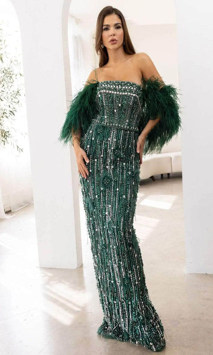 Terani Couture 241GL2603 - Feather Off-Shoulder Evening Dress Evening Gown 00 / Hunter Green