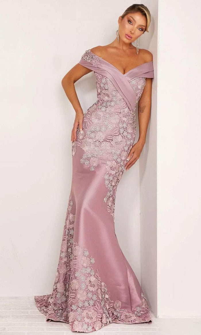 Terani Couture 241M2701 - Floral Embroidered Off-Shoulder Evening Dress Evening Dresses 00 / Rose Silver