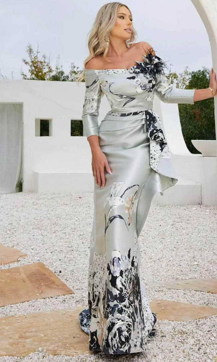 Terani Couture 241M2715 - Off-Shoulder Quarter Sleeve Evening Dress Evening Dresses 00 / Silver Black
