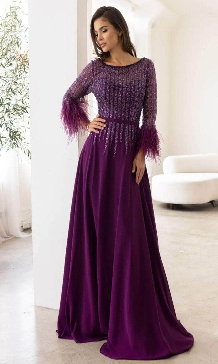 Terani Couture 241M2738 - Beaded Bateau Evening Dress Mother of the Bride Dresses 00 / Eggplant