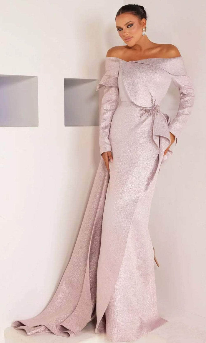 Terani Couture 241M2743 - Long Sleeve Off-Shoulder Evening Dress Evening Dresses 00 / Rose Gold