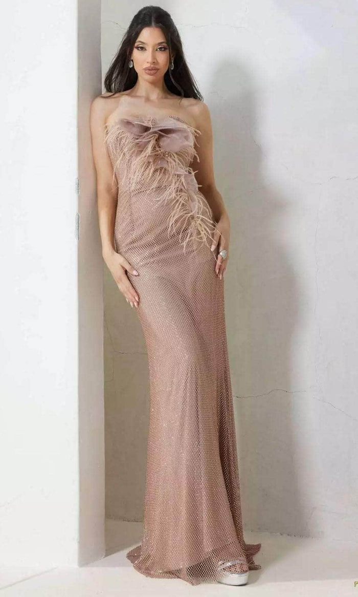Terani Couture 241P2125 - Feather Detailed Strapless Evening Dress Evening Dresses 00 / Nude