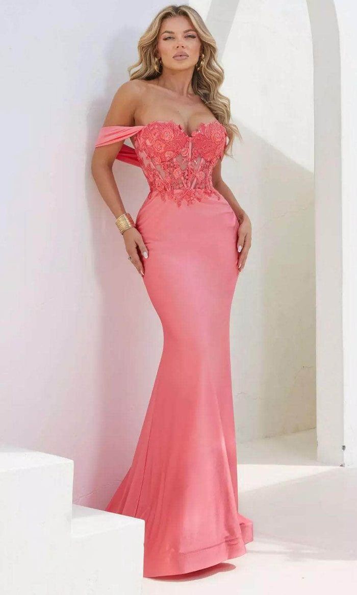 Terani Couture 241P2250 - Embroidered Off-Shoulder Beaded Tulle Prom Dress Prom Dresses 00 / Coral