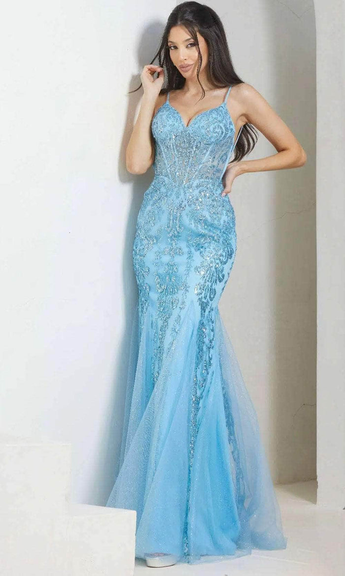 Terani Couture 241P2294 - Beaded Sleeveless Trumpet Long Prom Dress Prom Dresses 00 / Blue