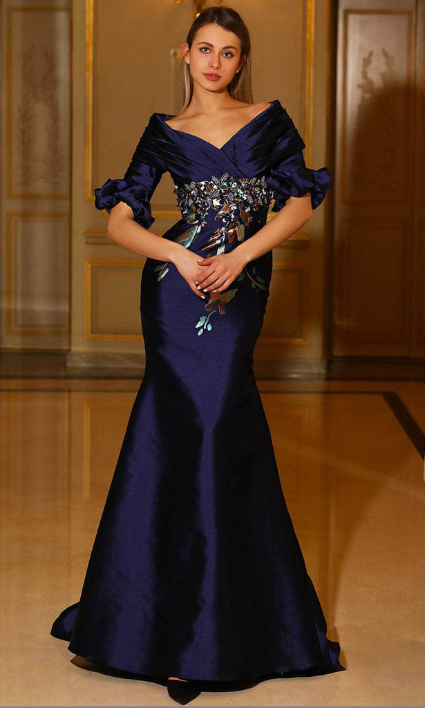 Terani Couture 242M3368 - Long Printed Jacquard Trumpet Dress - 3/4 Sleeves, Embellished, Fitted Bodice, Ruched, Train 8 / Blue - Shop Terani Couture Terani Couture 242M3368 - Long Printed Jacquard Trumpet Dress - 3/4 Sleeves, Embellished, Fitted Bodice, Ruched, Train 8 / Blue - Shop Terani Couture
