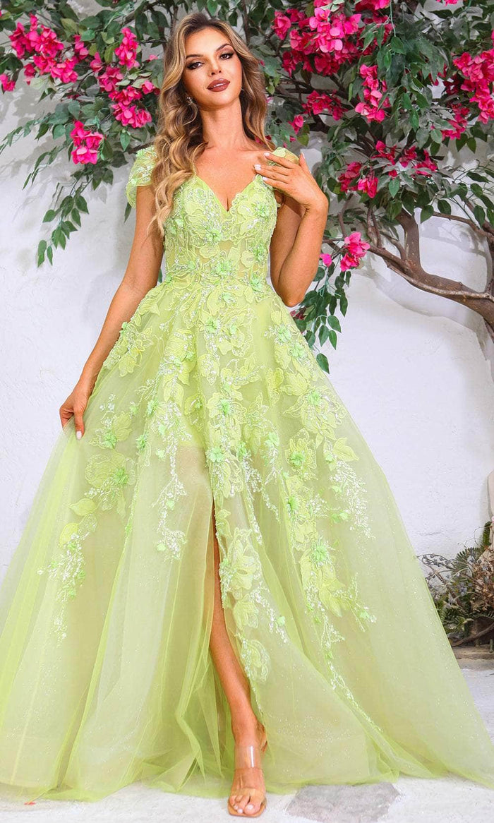 Terani Couture 251P4533 - Long Organza Ballgown Dress - Cap Sleeves, V-Back, Concealed Zipper, Train, Slit Couture Candy Terani Couture 251P4533 - Long Organza Ballgown Dress - Cap Sleeves, V-Back, Concealed Zipper, Train, Slit Couture Candy
