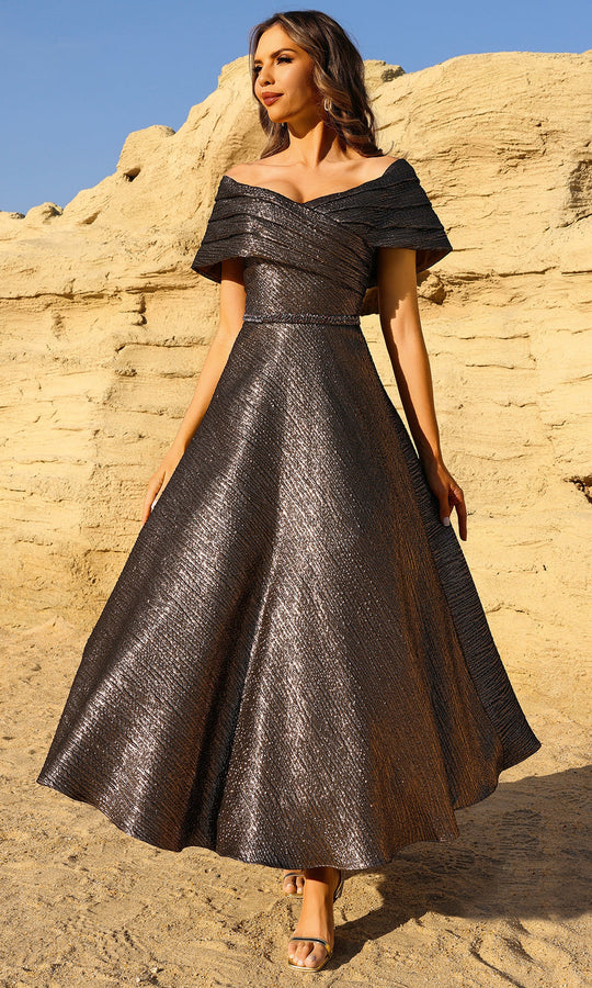 Terani Couture 252C5022 - Pleated Off Shoulder Tea-Length Dress