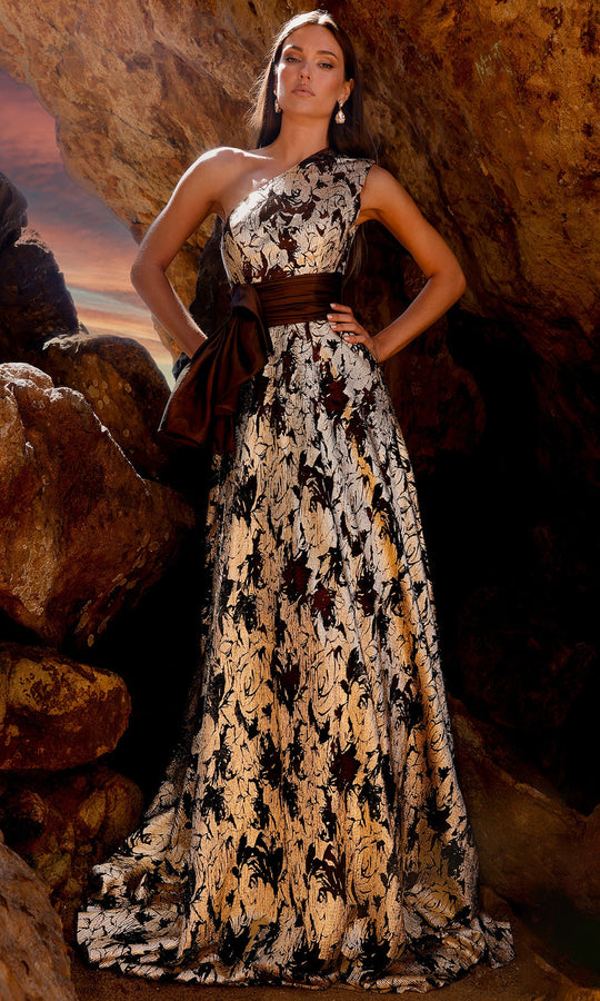 Terani Couture 252E5167 - One Shoulder Metallic Lace Gown