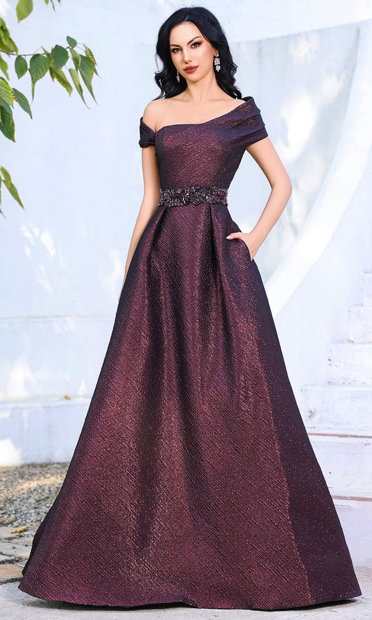 Terani Couture 252M5333 - Asymmetric Neckline Dress with Jeweled belt