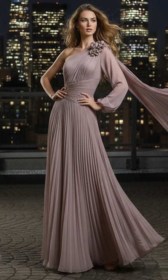 Terani Couture 261E6206 - One Shoulder Pleated Chiffon Cape Dress