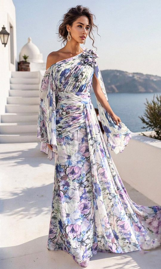Terani Couture 261E6644 - Floral Print Asymmetric Pleated Dress