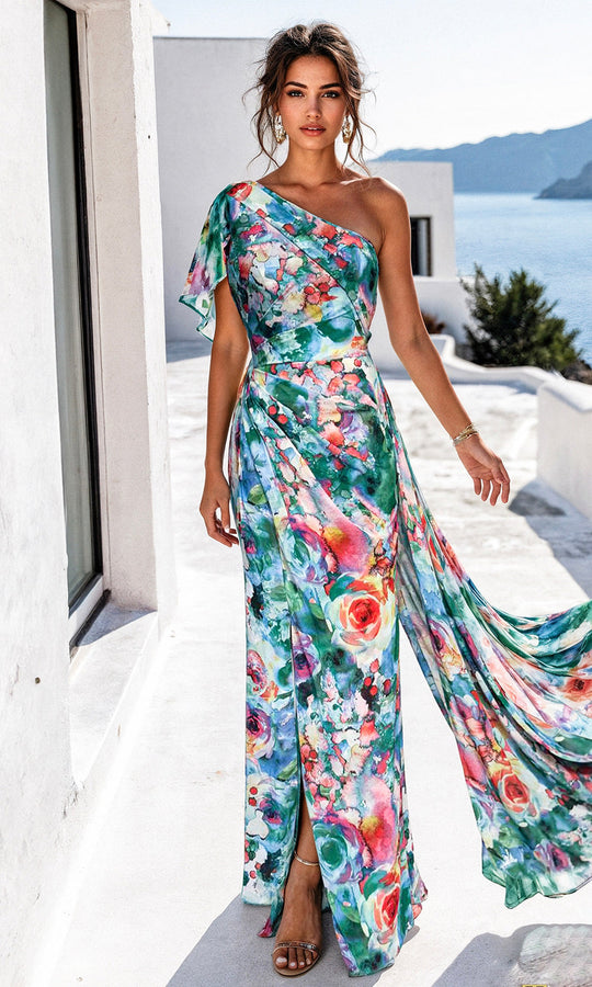 Terani Couture 261E6646 - One Shoulder Multicolor Floral Gown