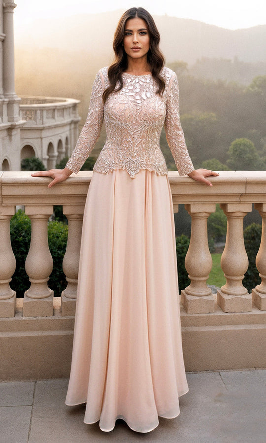 Terani Couture 261M6439 - Embroidered Top Long Sleeve Chiffon Gown