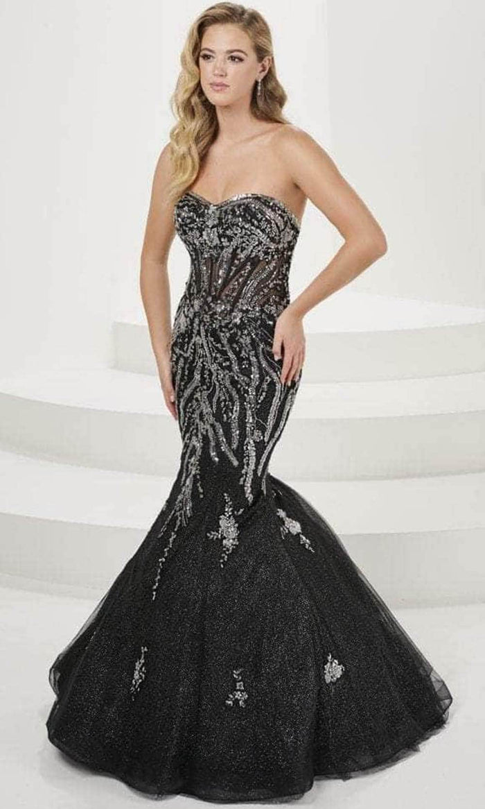 Tiffany Designs 16074 - Floral Beaded Mermaid Evening Gown Evening Dresses 0 / Black/Silver